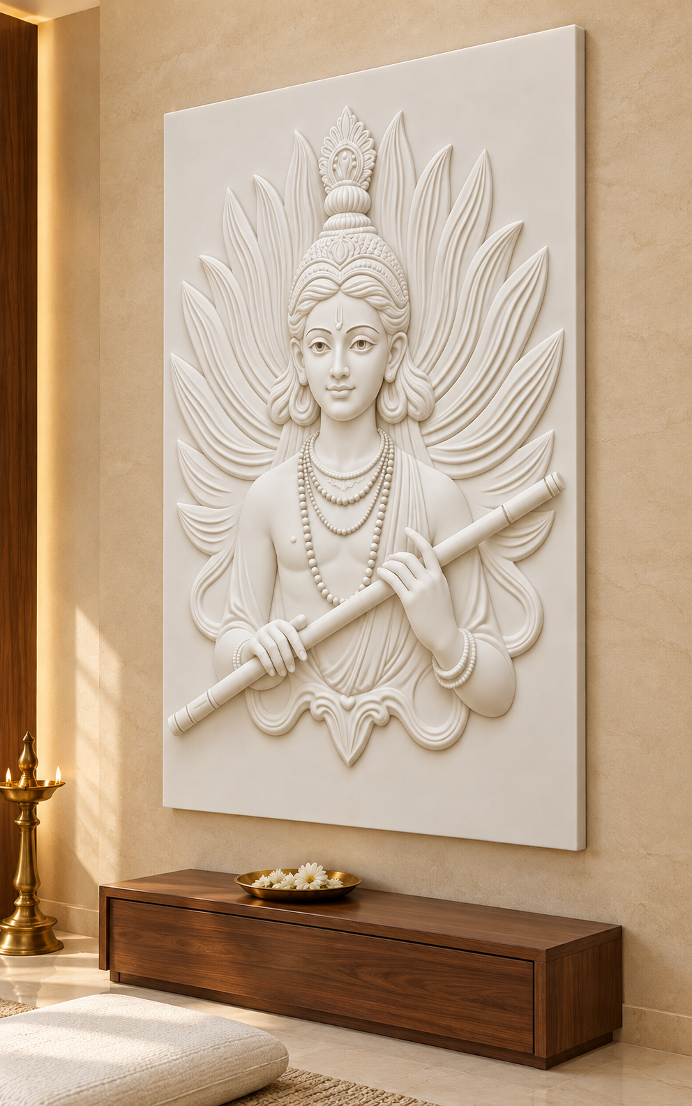Krishna Flute Feather Aureole satin white Corian wall panel, right view in a pale sandstone Mumbai meditation room with a walnut prayer console.