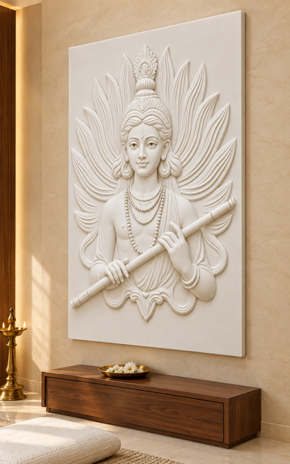 Krishna Flute Feather Aureole satin white Corian wall panel, right view in a pale sandstone Mumbai meditation room with a walnut prayer console.