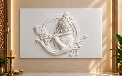 Krishna Flute Halo Corian Wall Panel CWP-433, front view in a luxury Mumbai home pooja room; white Corian relief concept visualisation