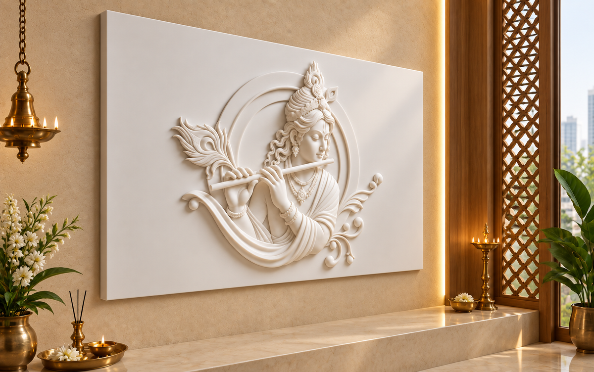 Krishna Flute Halo Corian Wall Panel CWP-433, left view in a luxury Mumbai dedicated pooja alcove; white Corian relief concept visualisation