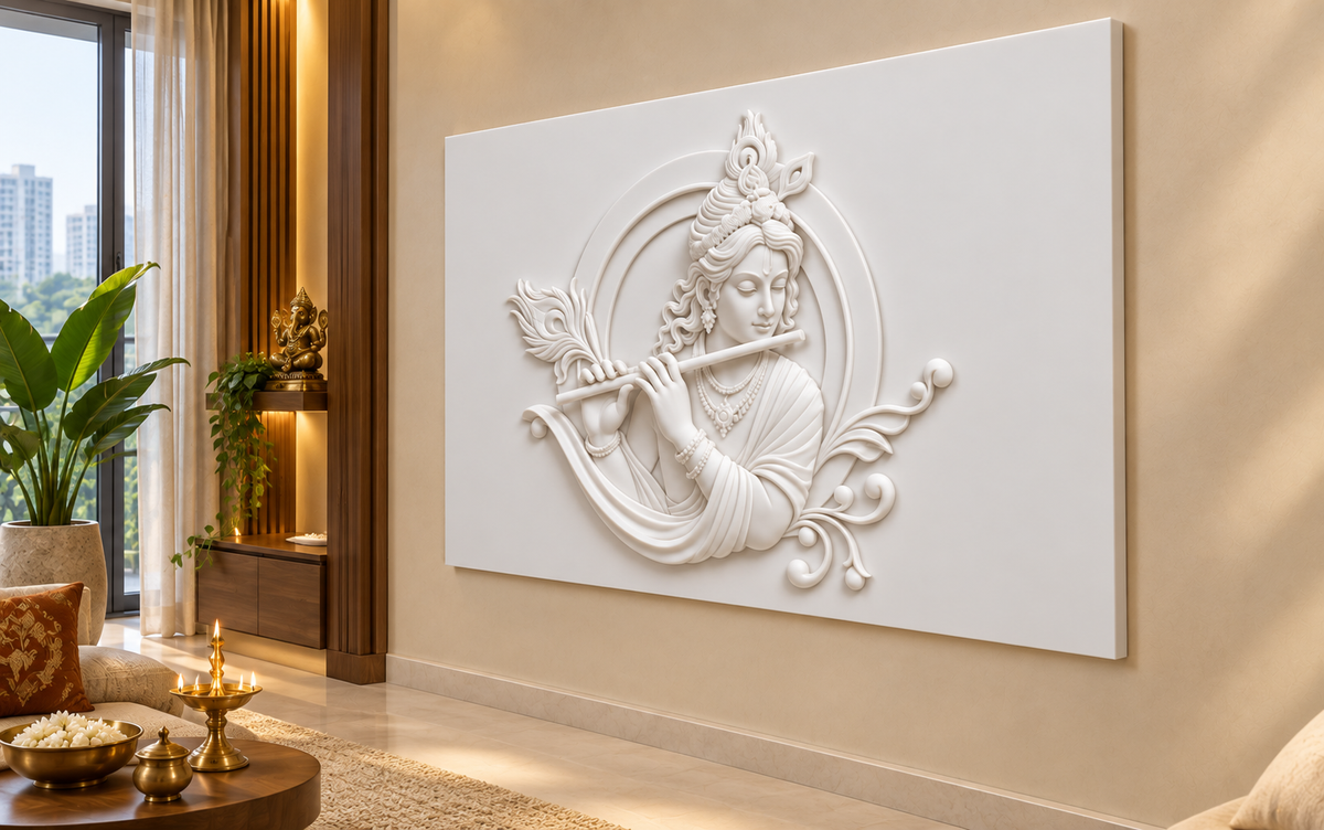 Krishna Flute Halo Corian Wall Panel CWP-433, right view in a luxury Mumbai devotional sitting room; white Corian relief concept visualisation