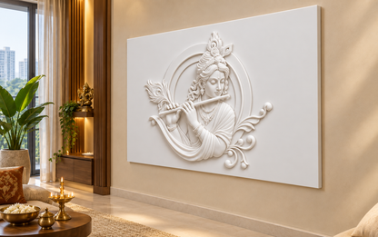 Krishna Flute Halo Corian Wall Panel CWP-433, right view in a luxury Mumbai devotional sitting room; white Corian relief concept visualisation
