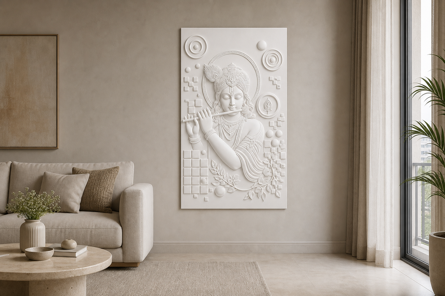 Krishna Geometric Halo white Corian wall panel, front view in a Mumbai home interior visualisation