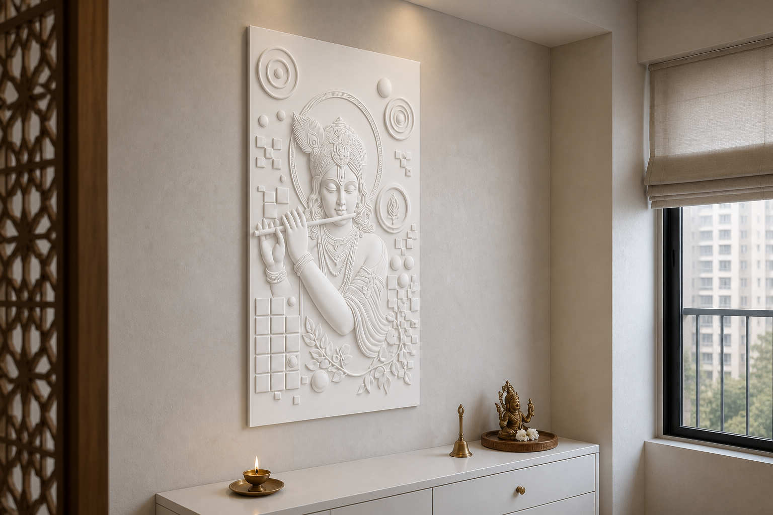 Krishna Geometric Halo white Corian wall panel, left angle view in a Mumbai home interior visualisation