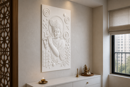 Krishna Geometric Halo white Corian wall panel, left angle view in a Mumbai home interior visualisation
