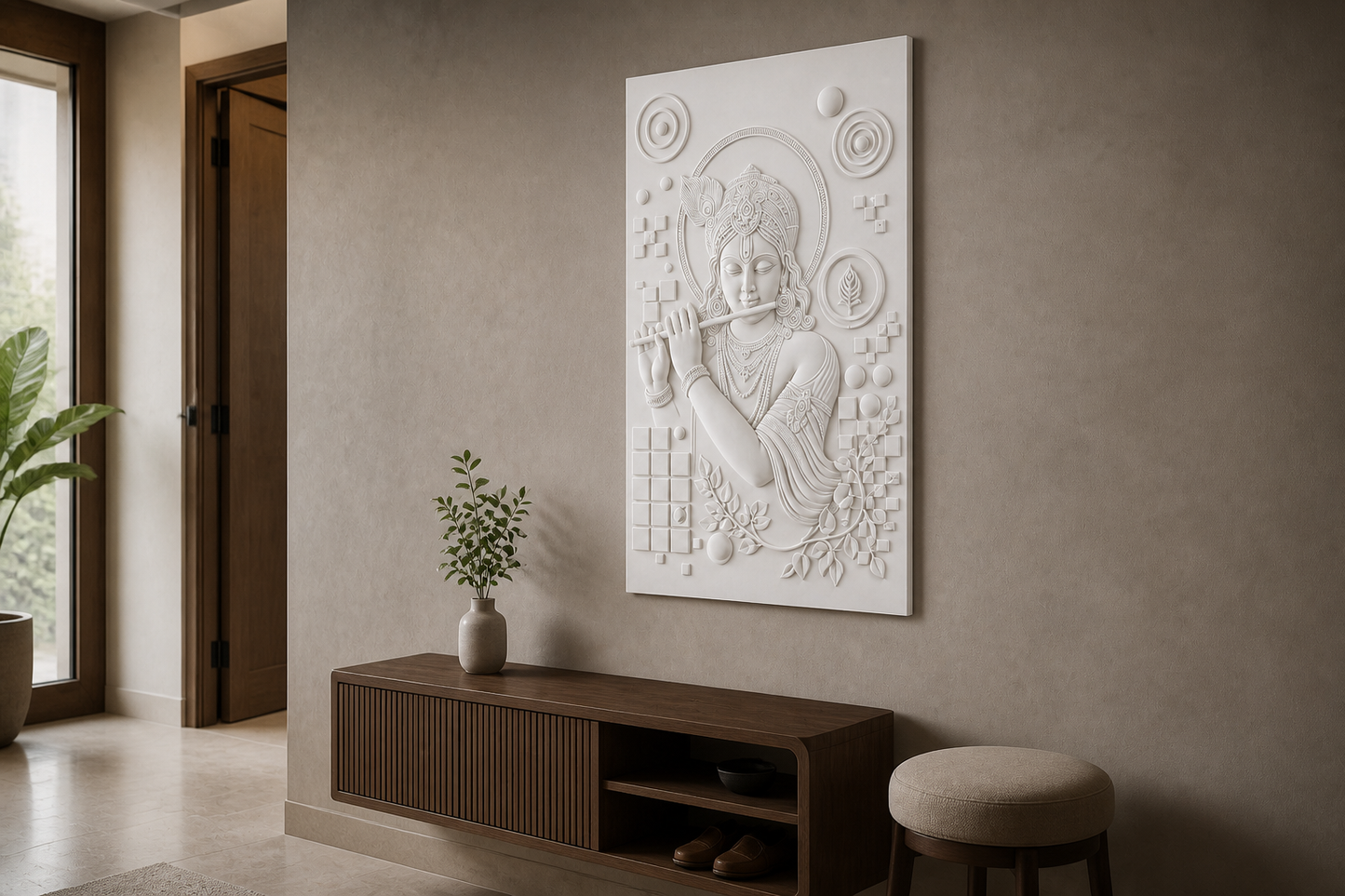 Krishna Geometric Halo white Corian wall panel, right angle view in a Mumbai home interior visualisation