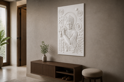 Krishna Geometric Halo white Corian wall panel, right angle view in a Mumbai home interior visualisation