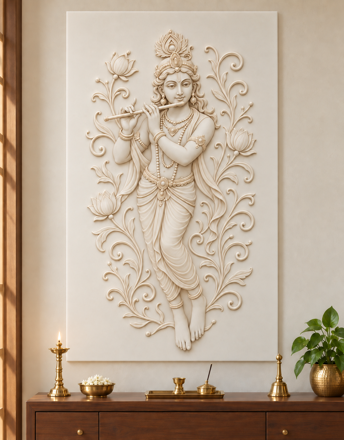 Krishna Lotus Vine Corian wall panel, front view in a Ghatkopar apartment prayer room, with shallow satin white relief