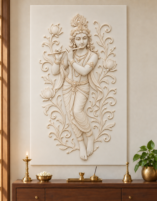 Krishna Lotus Vine Corian wall panel, front view in a Ghatkopar apartment prayer room, with shallow satin white relief