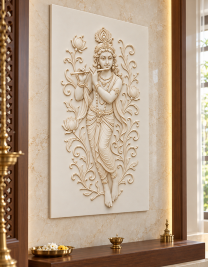 Krishna Lotus Vine Corian wall panel, left view in a Juhu family mandir, with shallow satin white relief