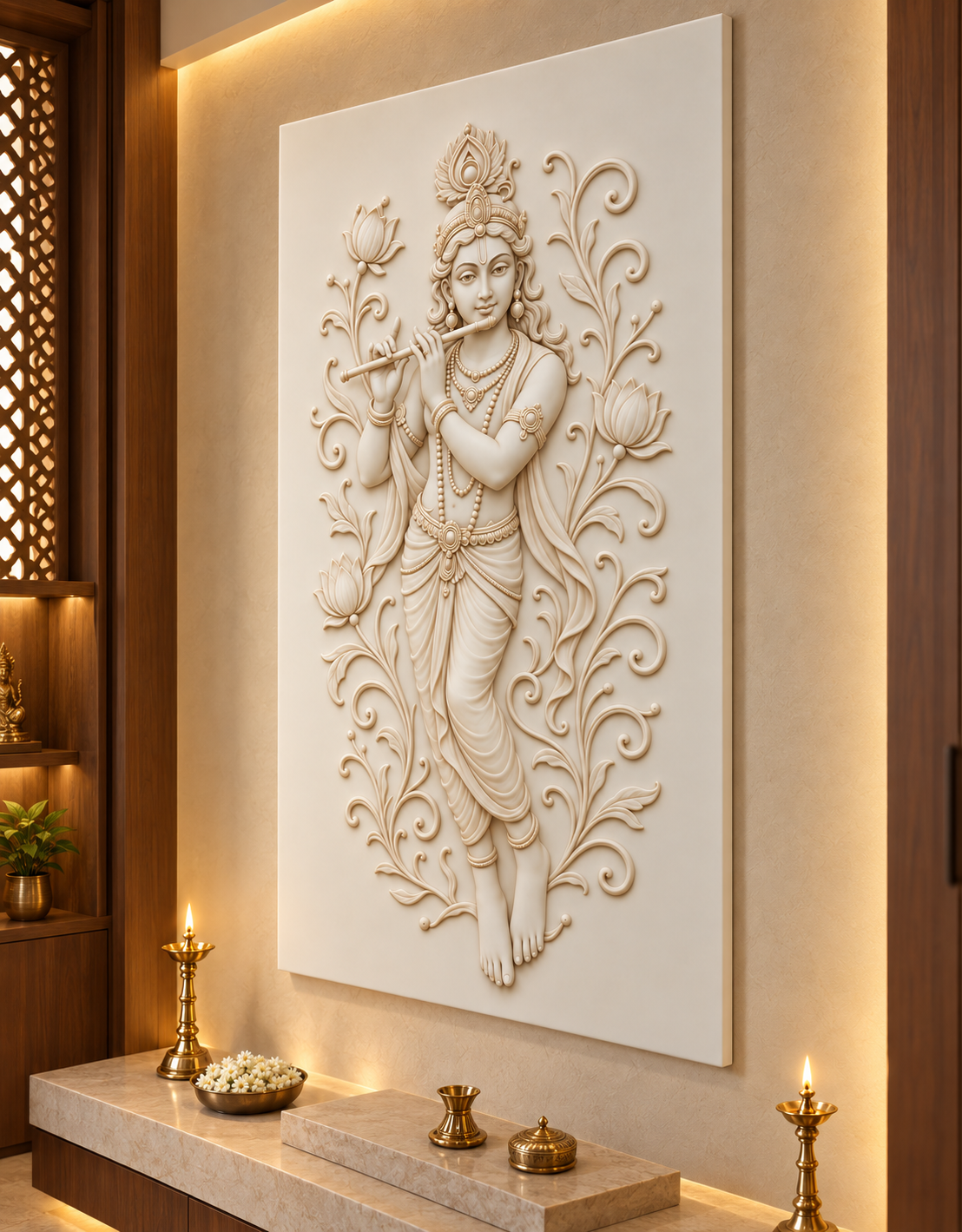 Krishna Lotus Vine Corian wall panel, right view in a Powai pooja alcove, with shallow satin white relief