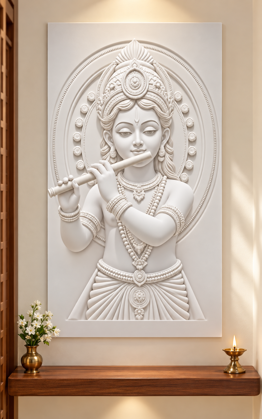 Krishna Oval Halo Portrait Corian wall panel, front view in a Matunga apartment pooja alcove