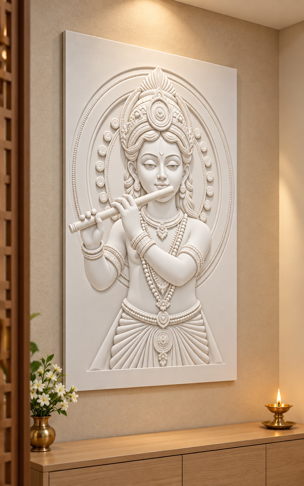 Krishna Oval Halo Portrait Corian wall panel, left view in a Borivali apartment prayer room