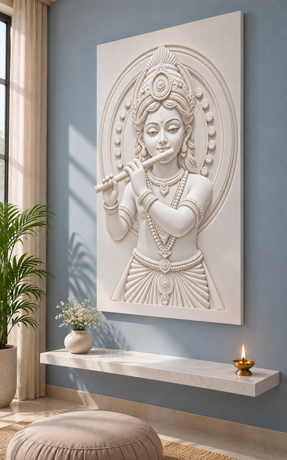 Krishna Oval Halo Portrait Corian wall panel, right view in a Mulund apartment meditation room