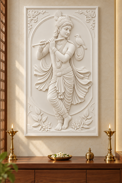 Krishna Songbird Tableau satin white Corian wall panel front view in luxury Mumbai dedicated pooja room with cream stone wall, low teak prayer cabinet and two small brass lamps