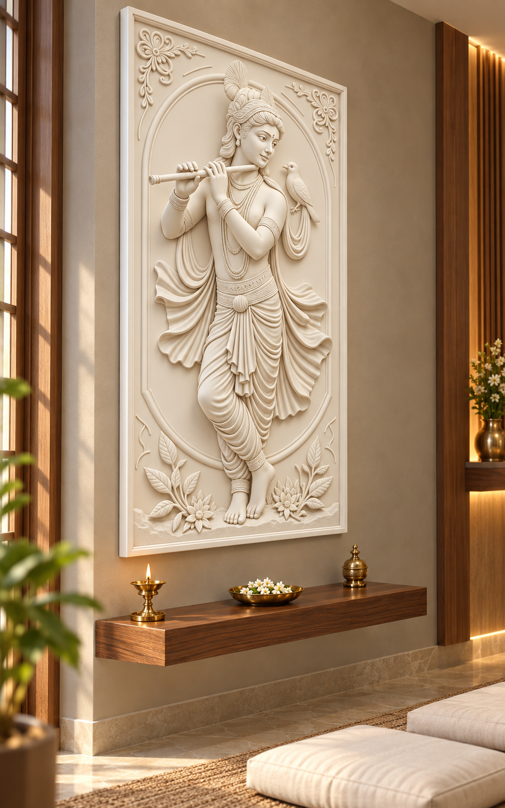 Krishna Songbird Tableau satin white Corian wall panel left view in luxury Mumbai meditation room with warm greige wall, floating walnut altar and folded ivory floor cushions
