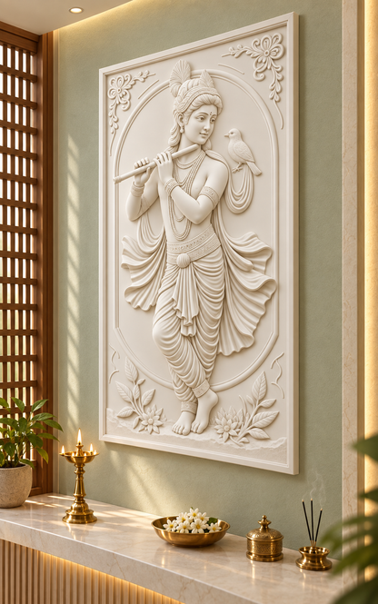 Krishna Songbird Tableau satin white Corian wall panel right view in luxury Mumbai prayer alcove with pale sage wall, cream stone altar and teak lattice side screen