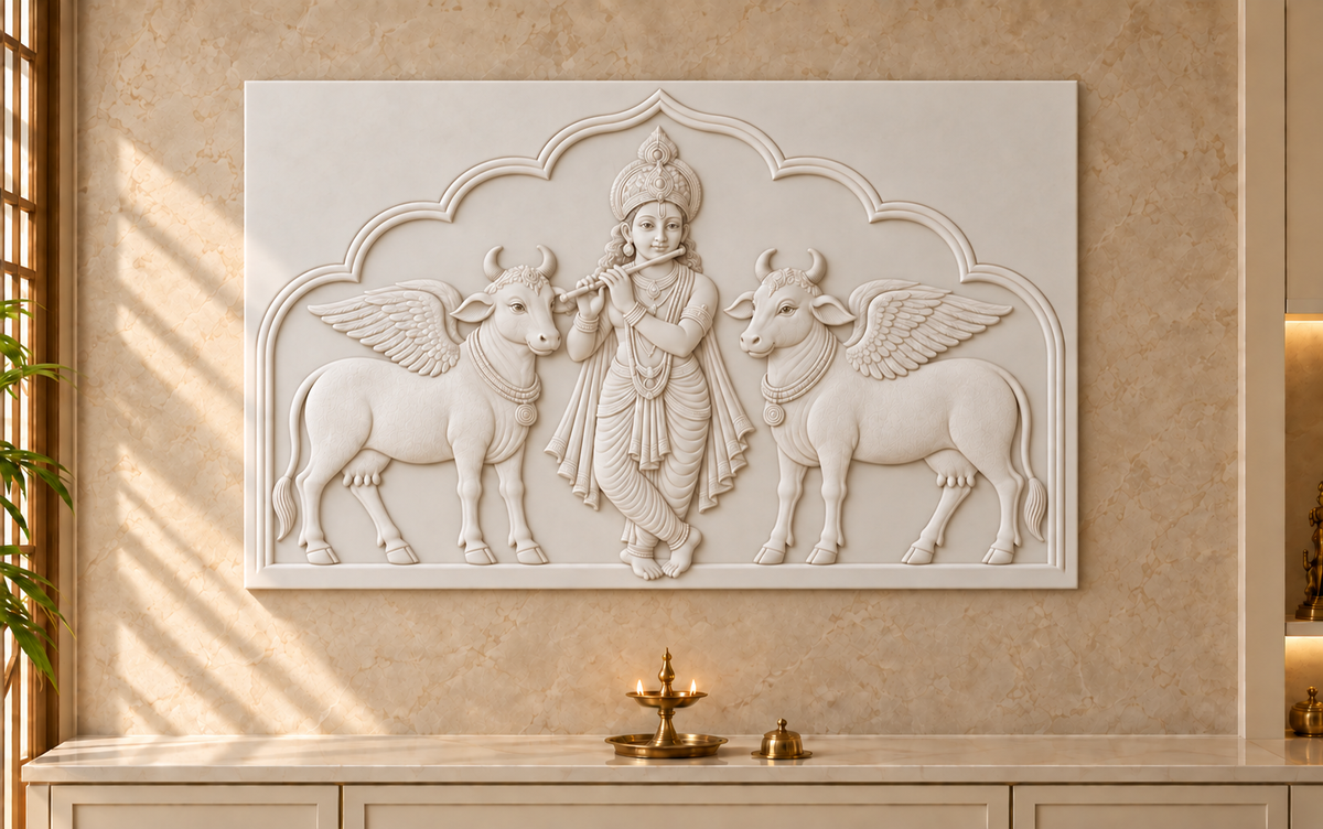 Krishna Winged Cow Arch Corian wall panel, front view in a Mumbai pooja room feature wall; AI-assisted concept visualisation