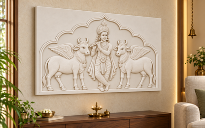 Krishna Winged Cow Arch Corian wall panel, left view in a Mumbai prayer alcove in a family lounge; AI-assisted concept visualisation