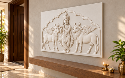 Krishna Winged Cow Arch Corian wall panel, right view in a Mumbai entrance devotional wall; AI-assisted concept visualisation