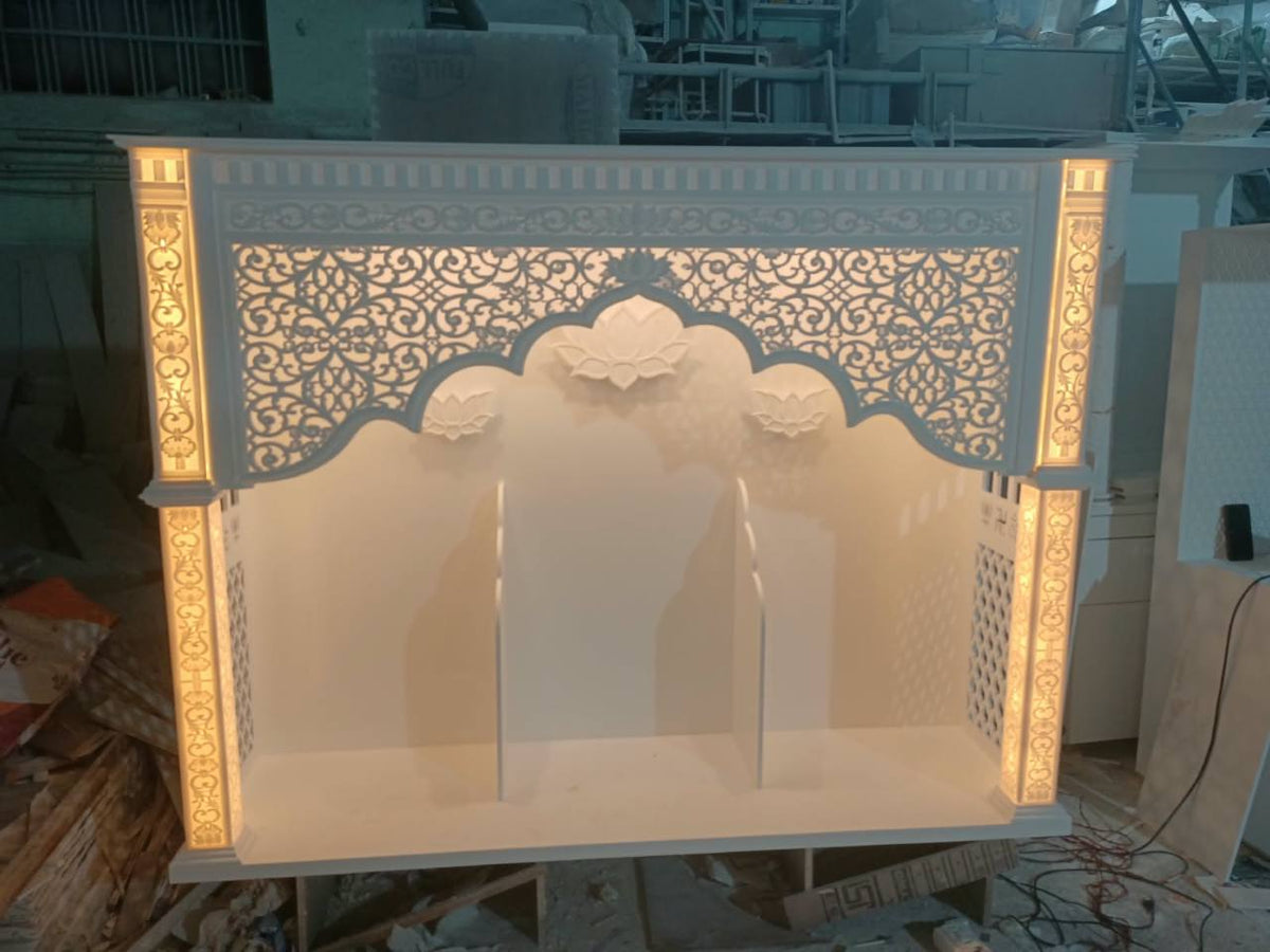 Original front product photograph showing the actual temple, floral carving, lotus reliefs, illuminated pillars and two partitions.