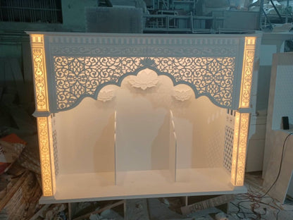 Original front product photograph showing the actual temple, floral carving, lotus reliefs, illuminated pillars and two partitions.