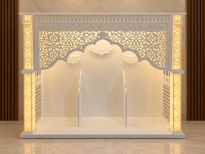 AI-generated front design preview in a luxury room. Fine carvings and religious symbols may differ; see the original product photographs for the exact temple.