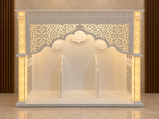 AI-generated front design preview in a luxury room. Fine carvings and religious symbols may differ; see the original product photographs for the exact temple.