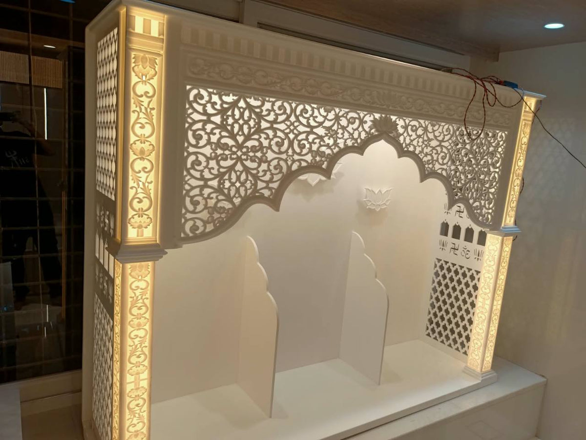 Original product photograph showing the actual floral carving, religious symbols, side panels and two interior partitions. Original view is cropped at the top and base.