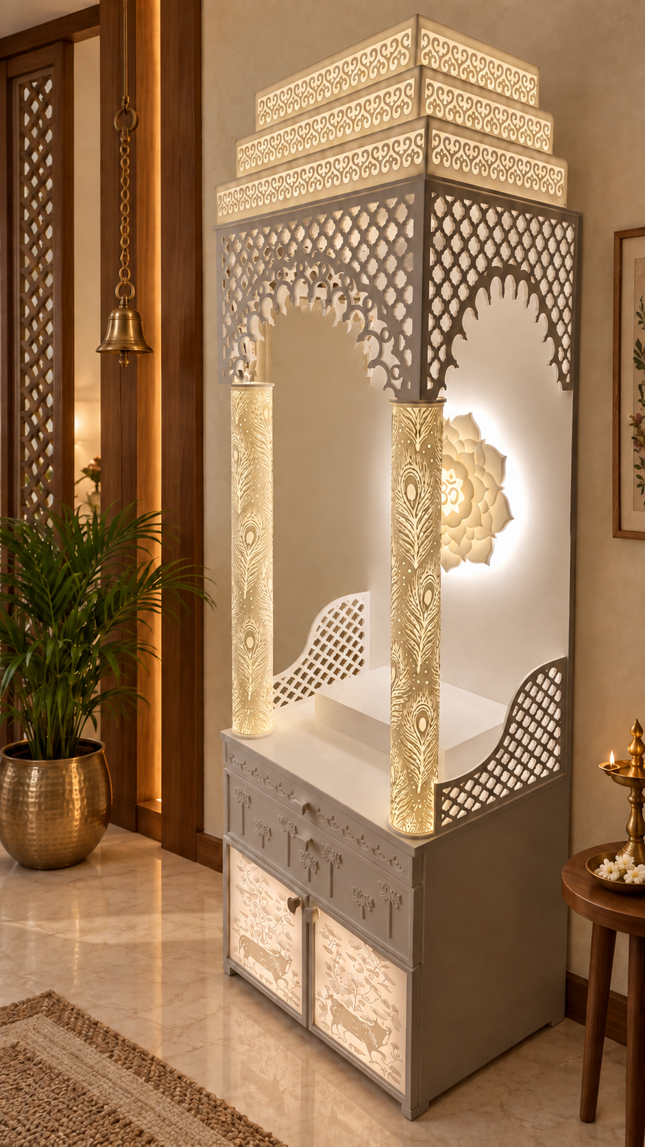 Angled view showing illuminated round peacock feather pillars, scalloped lattice arch and altar step