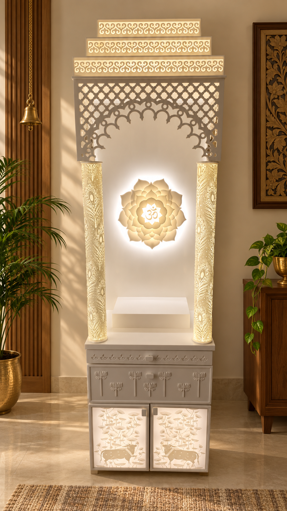 Front view of 3D backlit Korean marble mandir with three step crown and lotus Om mandala