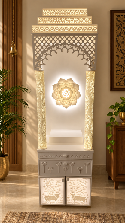 Front view of 3D backlit Korean marble mandir with three step crown and lotus Om mandala