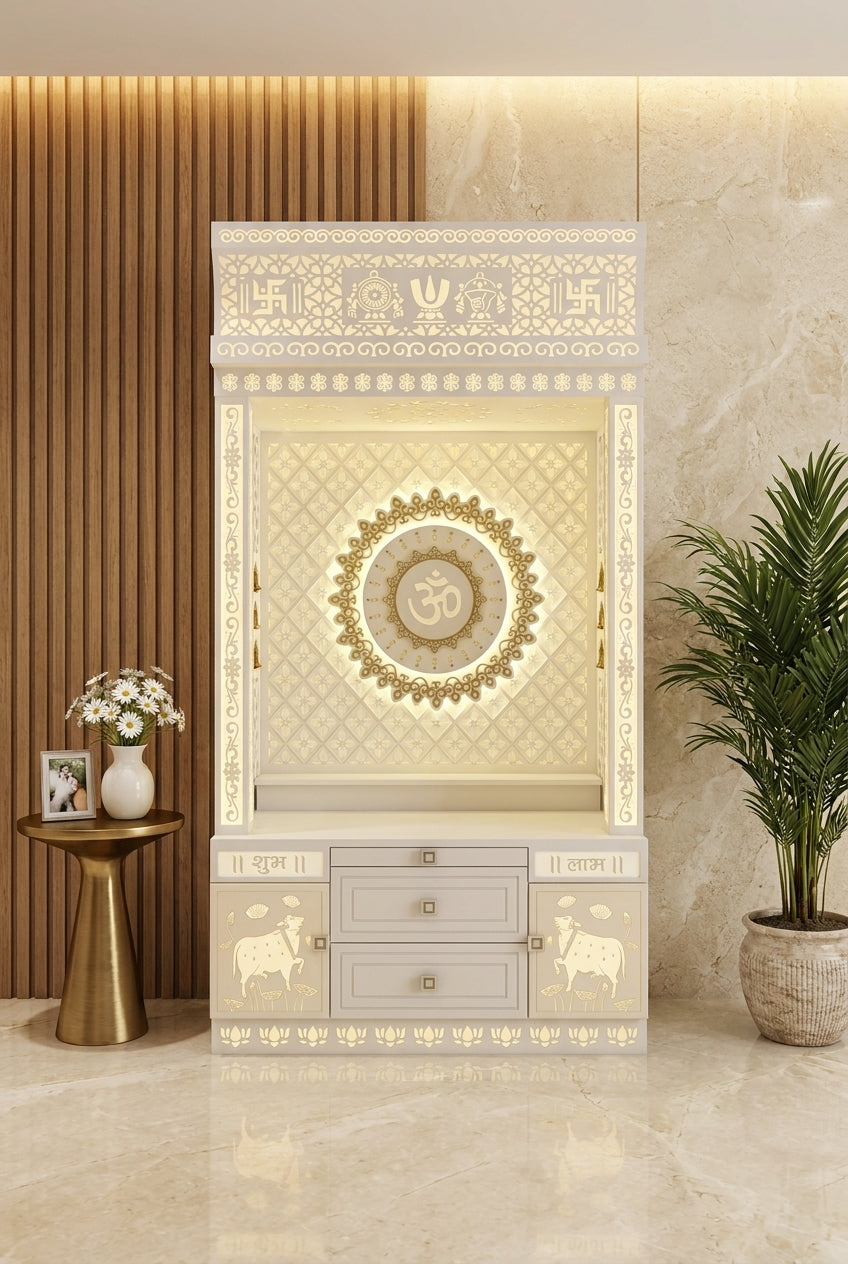 Corian Temple for Home — Center Om Designer Mandir — Luxury Home Interior — Satguru Creations
