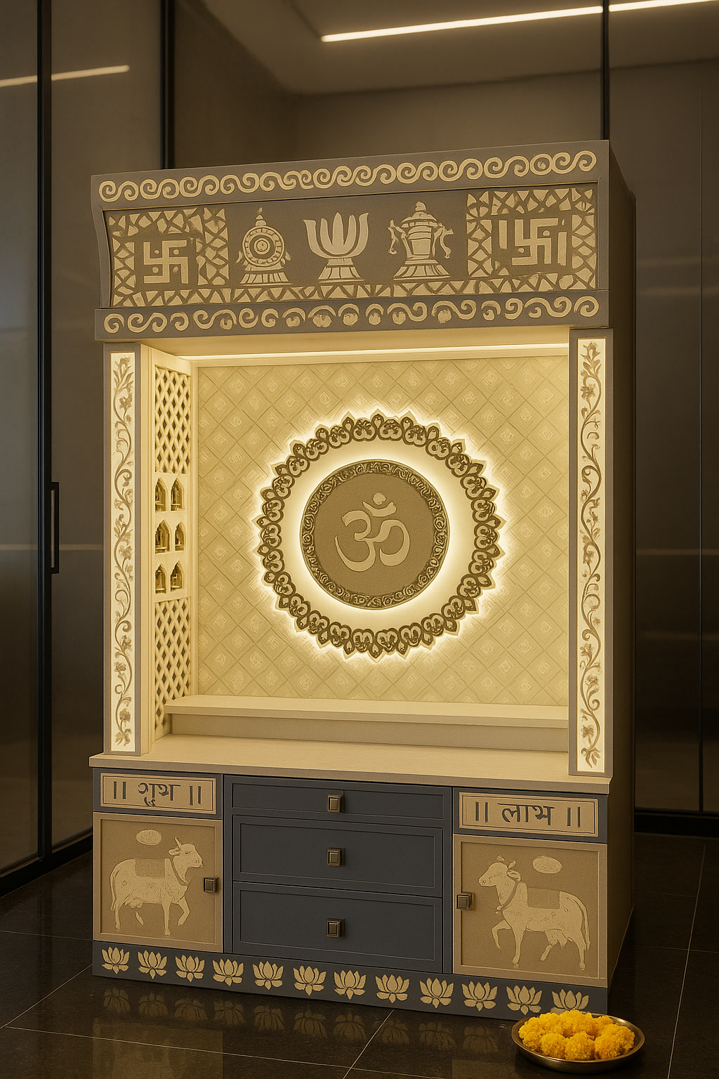 Corian Temple for Home — Center Om Designer Mandir — Luxury Indian Home Interior — Satguru Creations