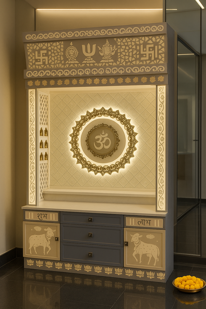 Corian Temple for Home — Center Om Designer Mandir — Luxury Indian Home Interior — Satguru Creations