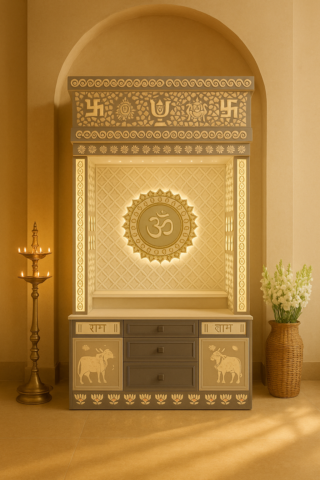 Corian Temple for Home — Center Om Designer Mandir — Luxury Indian Home Interior — Satguru Creations