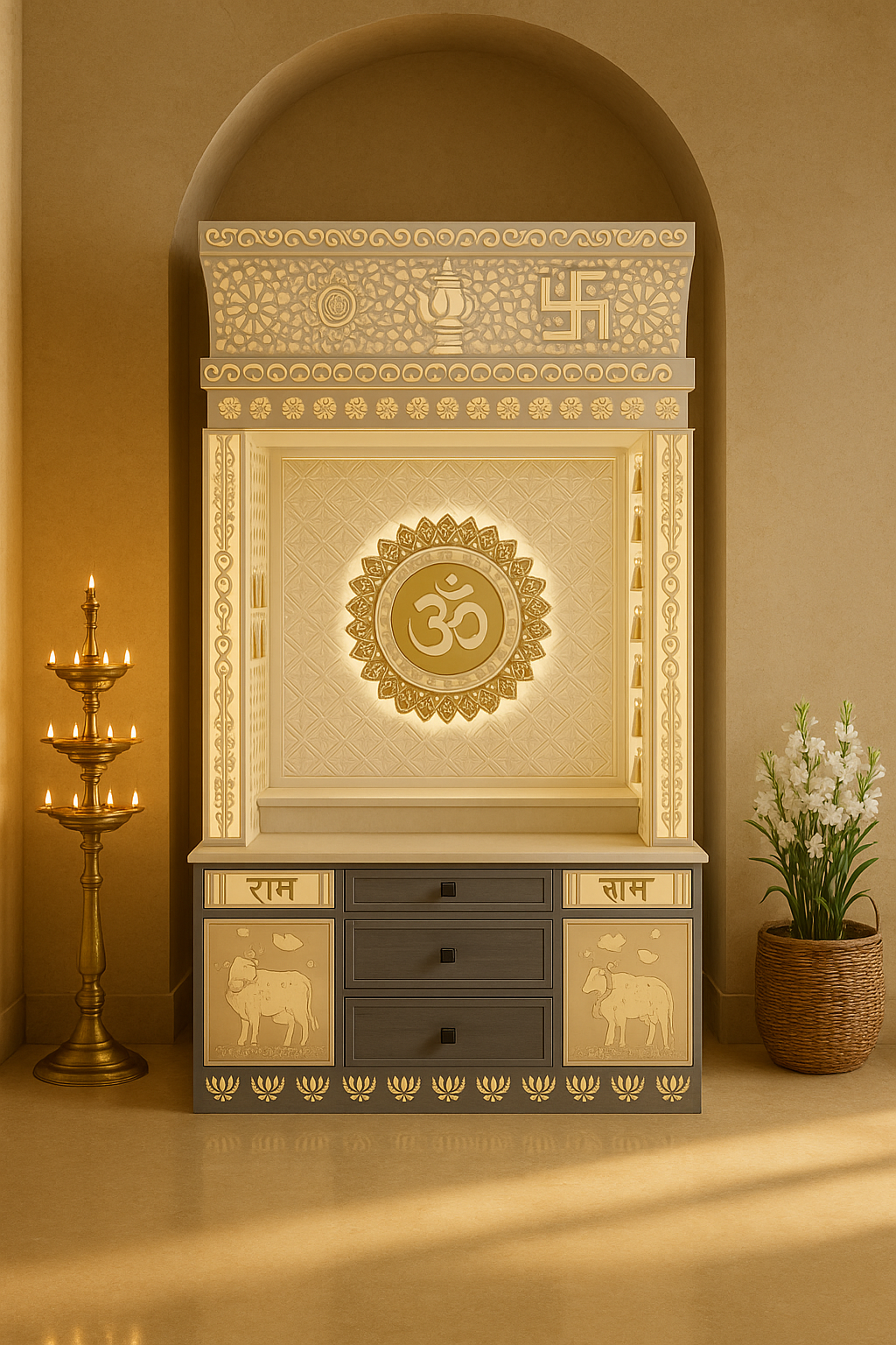 Corian Temple for Home — Center Om Designer Mandir — Luxury Indian Home Interior — Satguru Creations