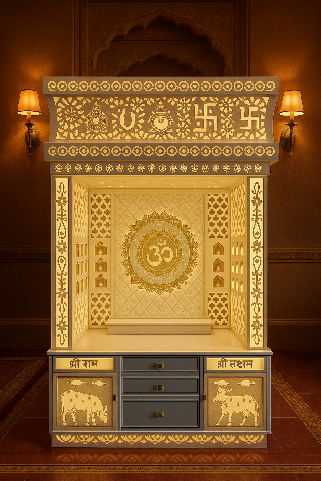 Corian Temple for Home — Center Om Designer Mandir — Luxury Indian Home Interior — Satguru Creations