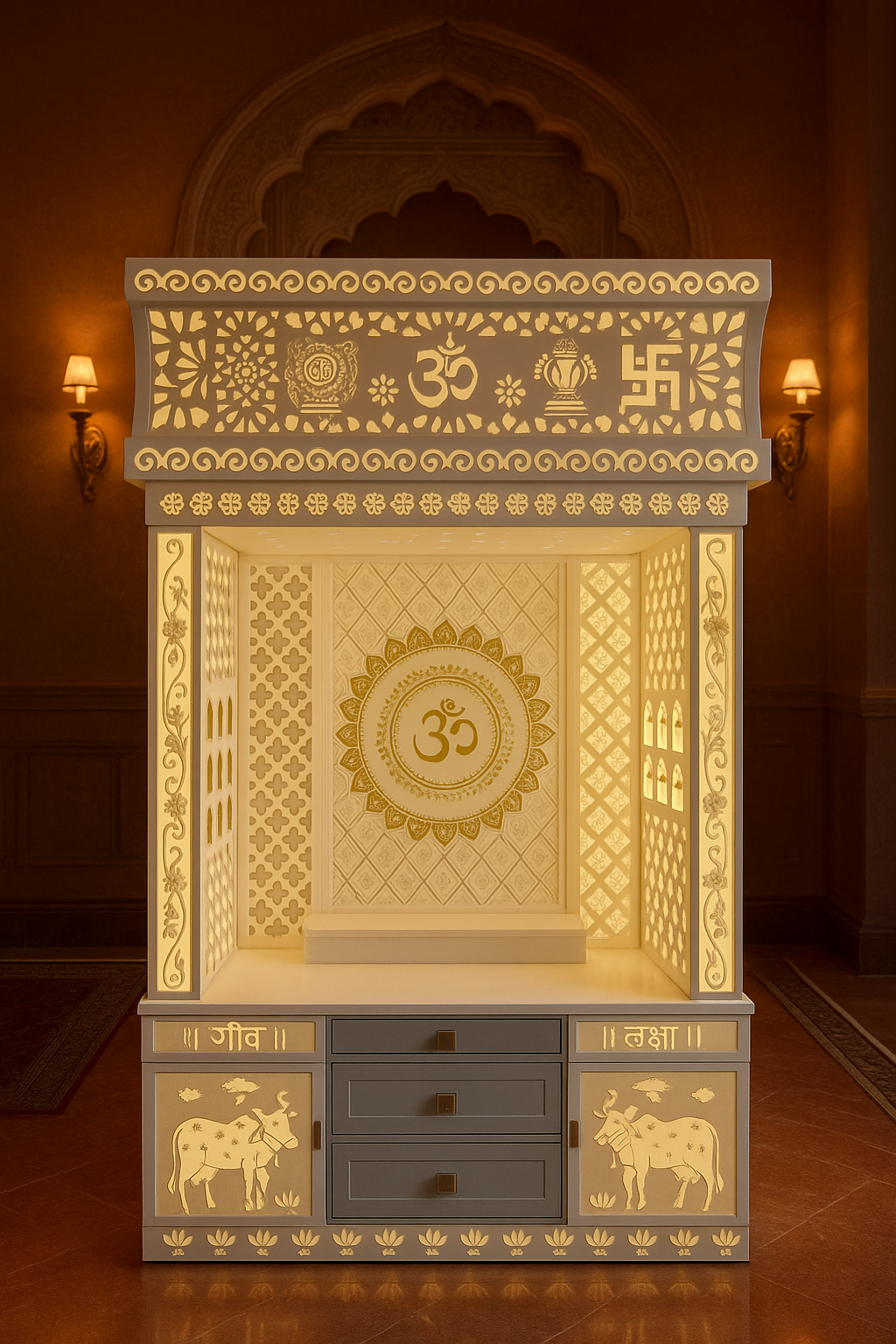 Corian Temple for Home — Center Om Designer Mandir — Luxury Indian Home Interior — Satguru Creations