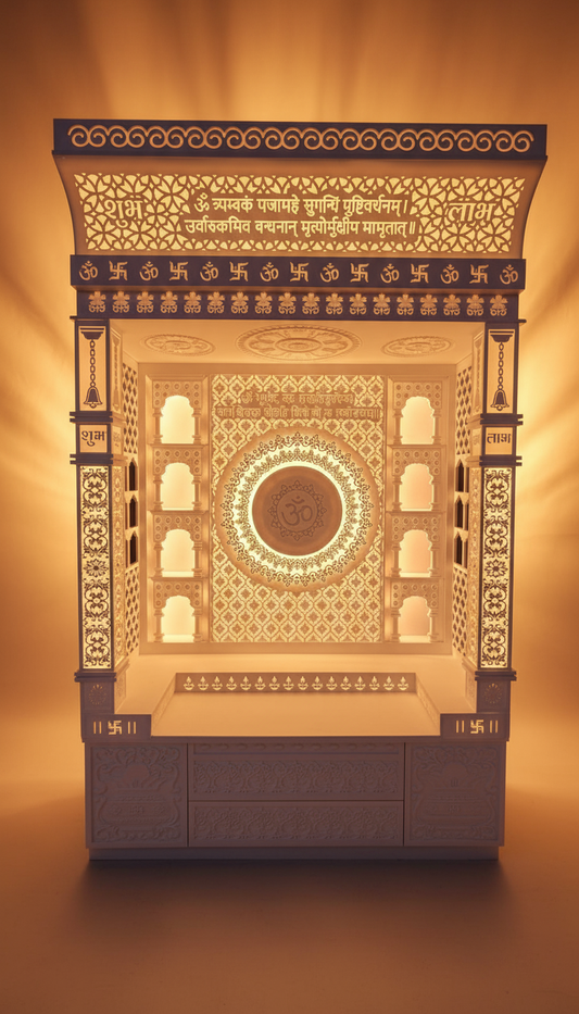 Best Corian Temple design with Tradtional pillars and backlit pattern in India 2026