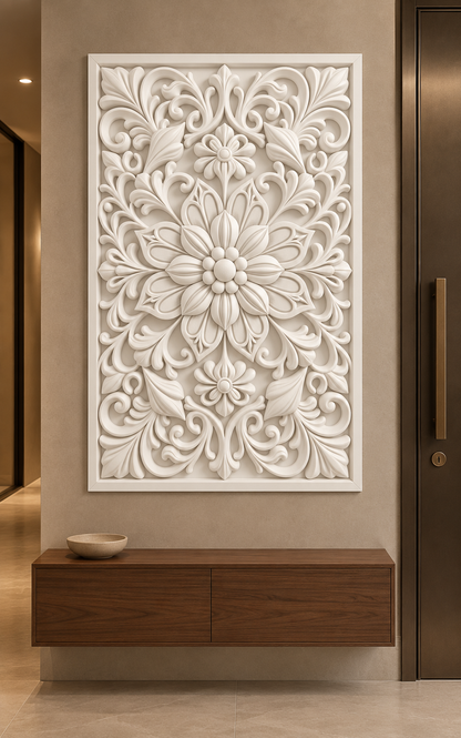 Lattice Petal Blossom Trail Corian wall panel, front view on an entrance foyer wall in a Mumbai home; AI-assisted concept visualisation