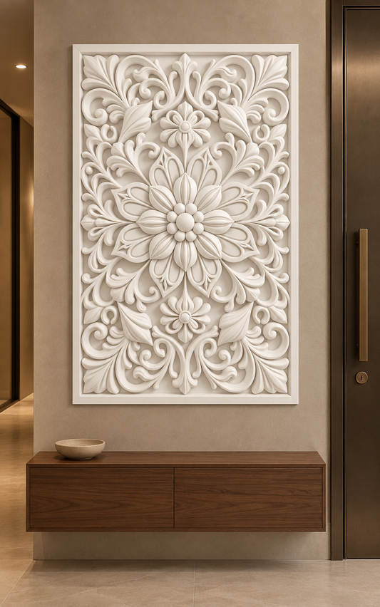 Lattice Petal Blossom Trail Corian wall panel, front view on an entrance foyer wall in a Mumbai home; AI-assisted concept visualisation