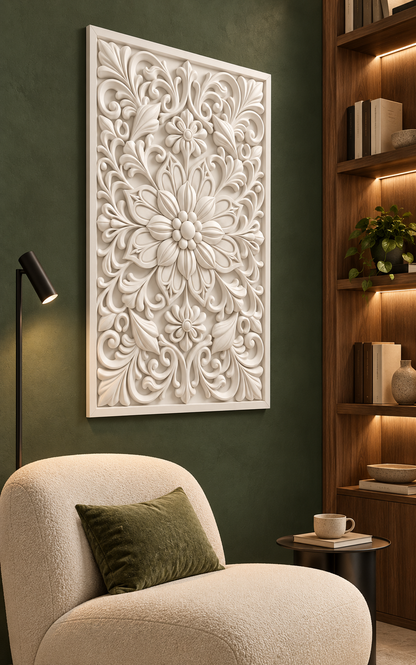 Lattice Petal Blossom Trail Corian wall panel, left view on a living room reading alcove in a Mumbai home; AI-assisted concept visualisation