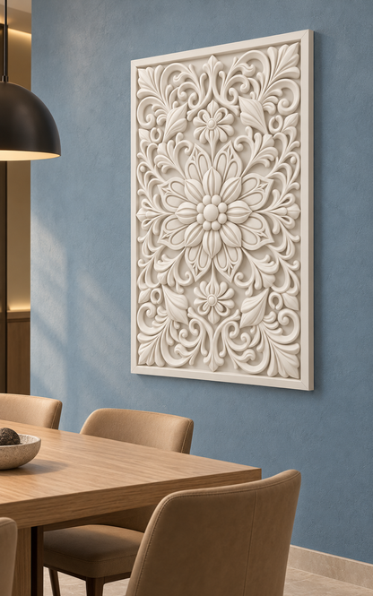 Lattice Petal Blossom Trail Corian wall panel, right view on a dining room side wall in a Mumbai home; AI-assisted concept visualisation