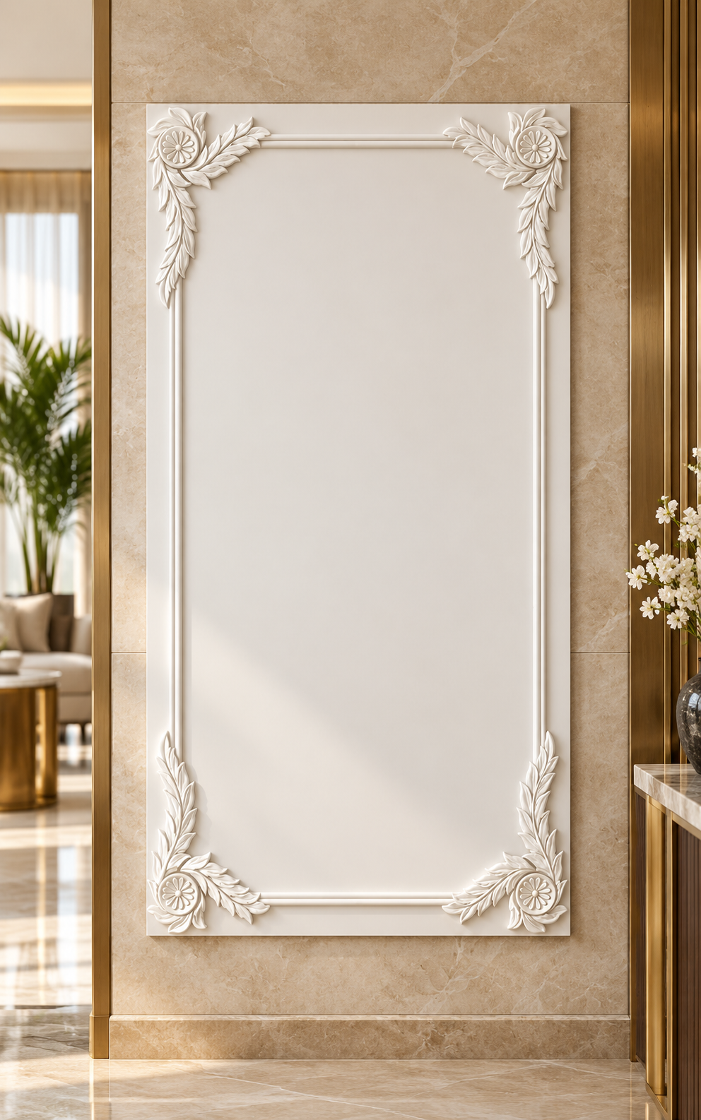 Front view of the white Laurel Rosette Corner Corian Wall Panel with a solid inset centre in a luxury Mumbai apartment foyer