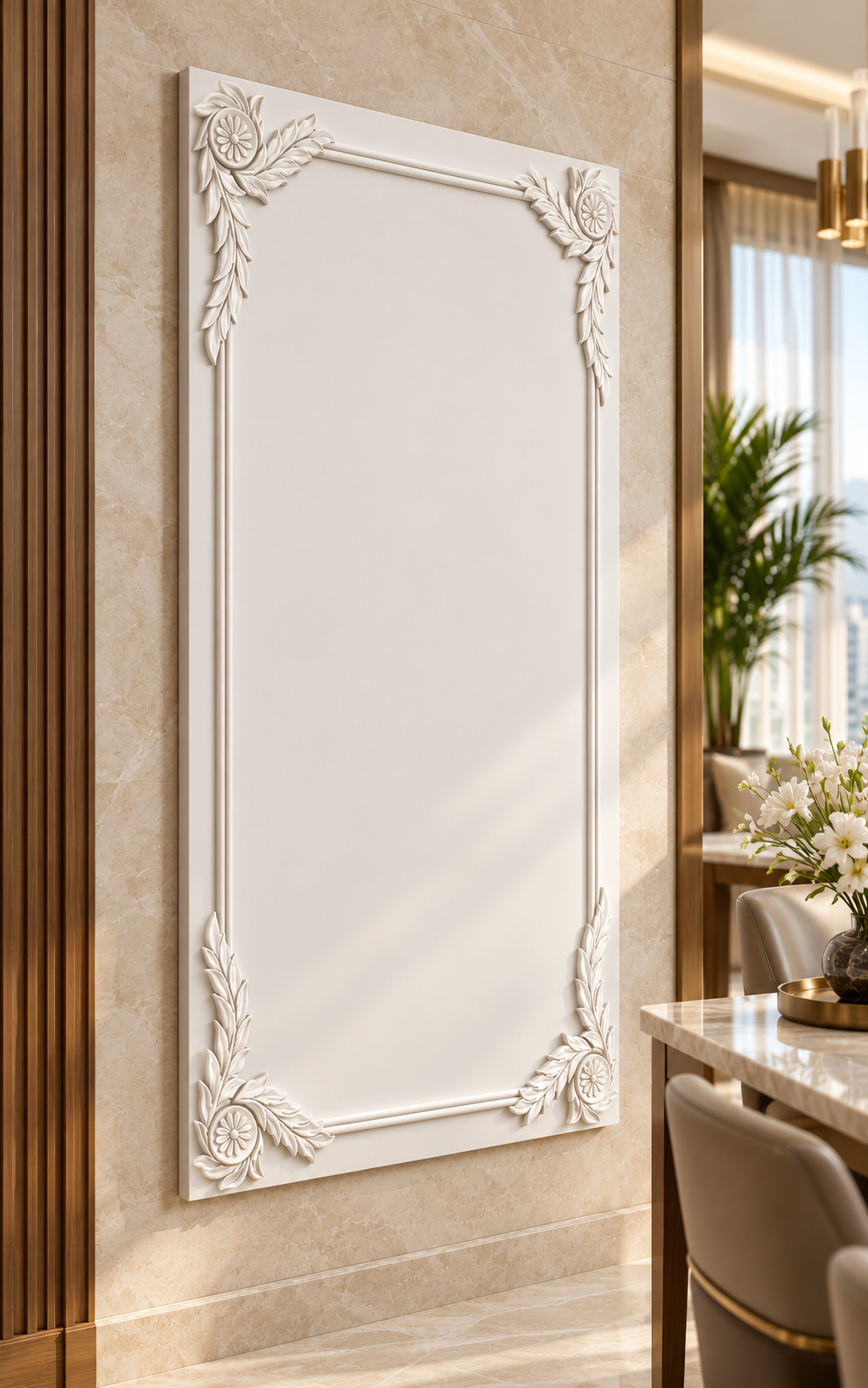 Left-angle view of the white Laurel Rosette Corner Corian Wall Panel with a solid inset centre in a luxury Mumbai apartment dining room