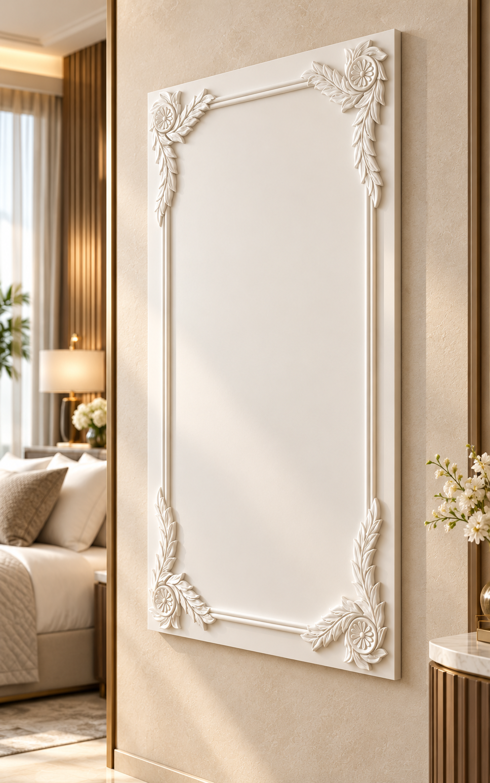 Right-angle view of the white Laurel Rosette Corner Corian Wall Panel with a solid inset centre in a luxury Mumbai apartment bedroom