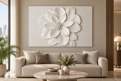 CWP-666 Layered Blossom Leaf Trio Corian Wall Panel, 4 ft wide x 2.5 ft high, front view in a Mumbai home living room with a cream sofa; AI-assisted concept visualisation