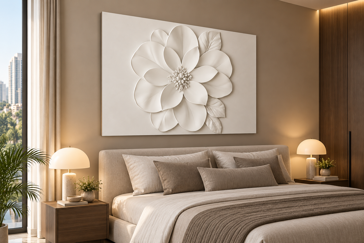 CWP-666 Layered Blossom Leaf Trio Corian Wall Panel, 4 ft wide x 2.5 ft high, left view in a Mumbai home bedroom above an upholstered headboard; AI-assisted concept visualisation