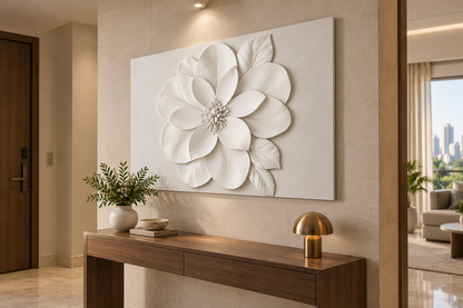CWP-666 Layered Blossom Leaf Trio Corian Wall Panel, 4 ft wide x 2.5 ft high, right view in a Mumbai home entrance foyer with a walnut console; AI-assisted concept visualisation